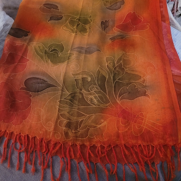 Orange and Green Floral Print Fringed Scarf - Picture 3 of 3